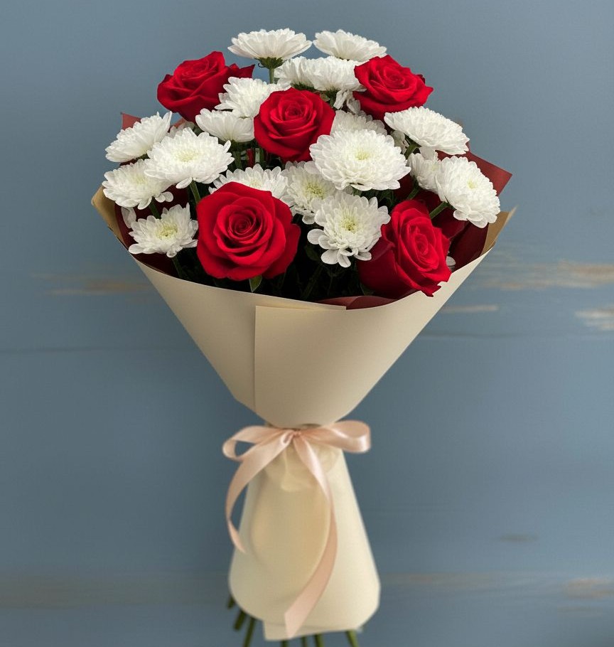 Букет цветов из: Розы и Хризантемы в Рождественно