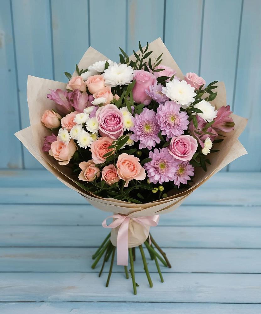 Букет цветов из: Хризантемы, Розы и Альстромерии в Рождественно