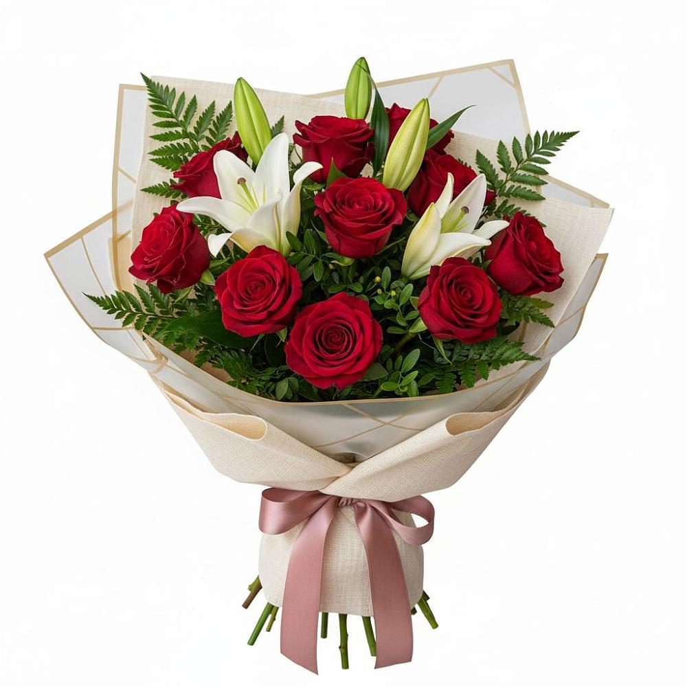 Букет цветов из: Лилии и Розы в Рождественно