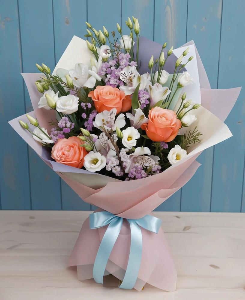 Букет цветов из: Лизиантусы, Розы, Альстромерии и Гипсофила в Рождественно