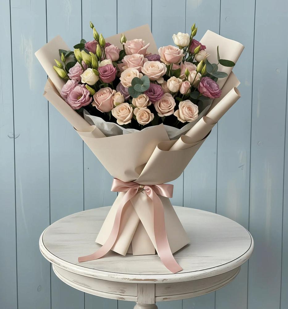 Букет цветов из: Розы и Лизиантусы в Рождественно