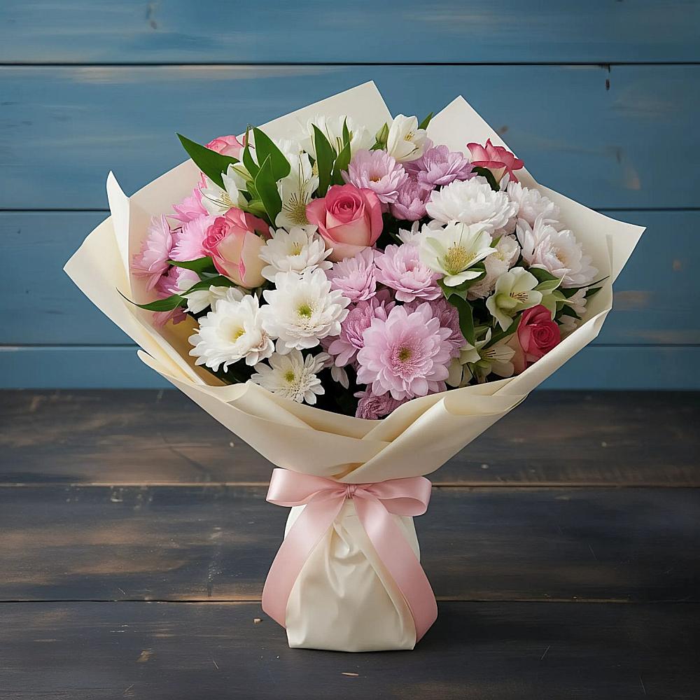 Букет цветов из: Хризантемы, Альстромерии и Розы в Рождественно